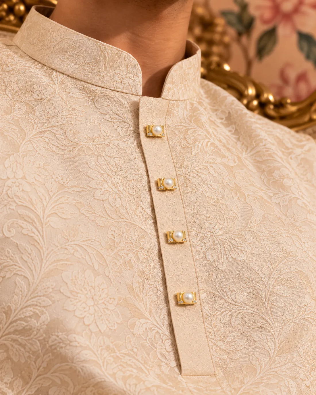 Gold-Tone Pearl & CZ Kurta Button Set with Link Connecting Chain