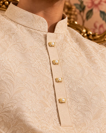 Gold-Tone Pearl & CZ Kurta Button Set with Link Connecting Chain
