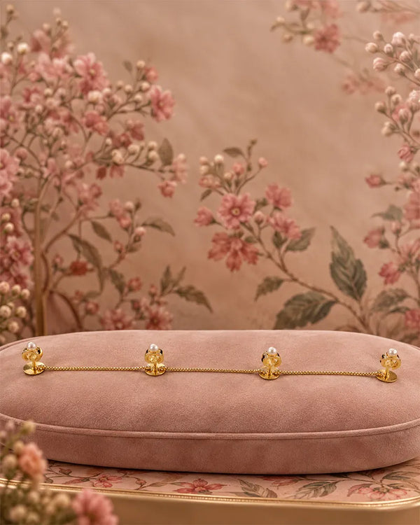 Gold-Tone Pearl & CZ Kurta Button Set with Link Connecting Chain