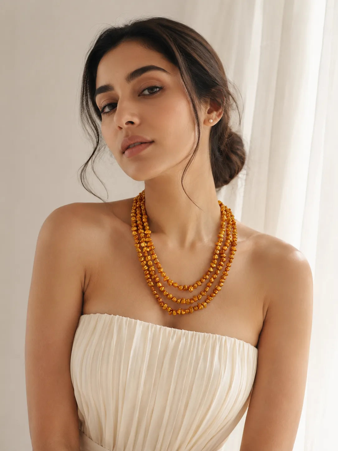 Elegant Metallic Gold Baroque Pearl Layered Statement Mala