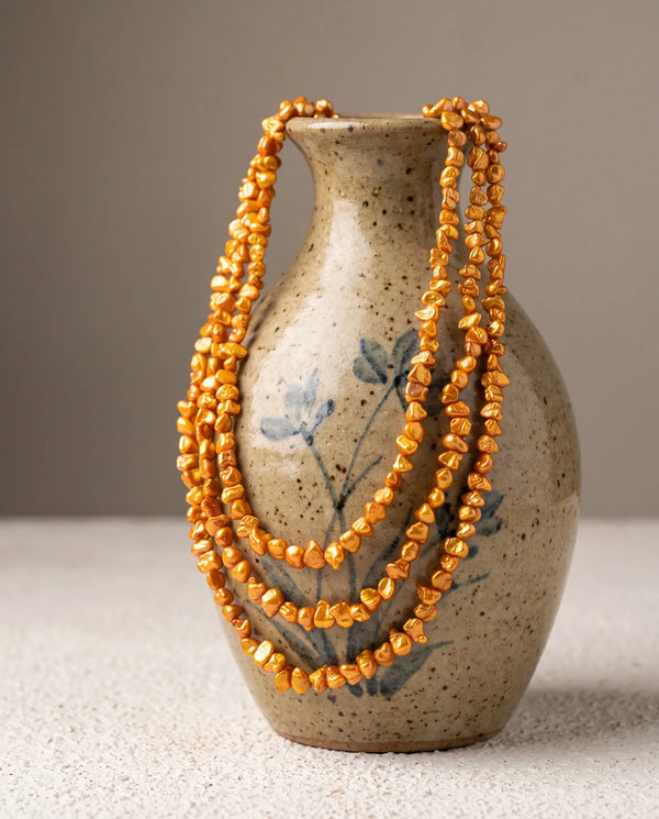 Elegant Metallic Gold Baroque Pearl Layered Statement Mala