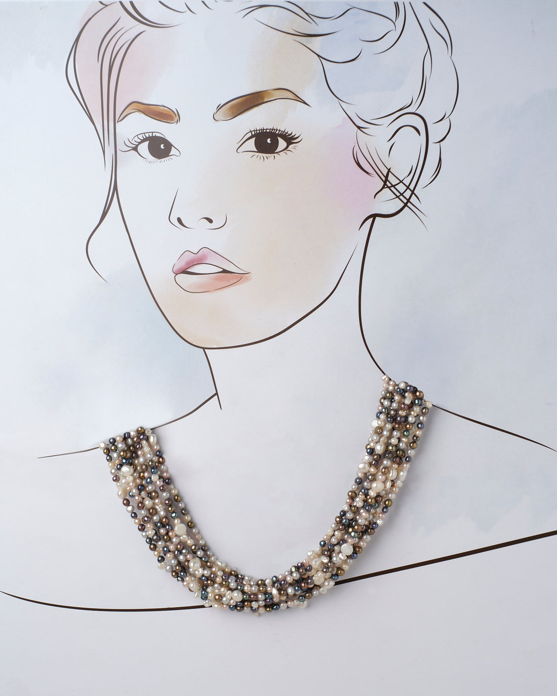 The Anuragini Multi Colour Pearl Necklace by Chandrani Pearls features luxurious strands of assorted freshwater pearls in various hues, elegantly displayed on a purple and pink background.
