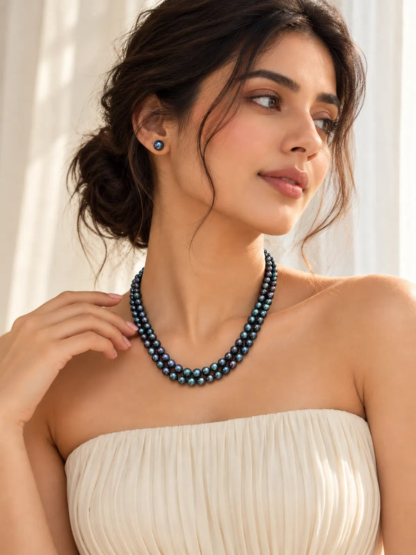 Double Strand Peacock Blue Pearl Mala Necklace