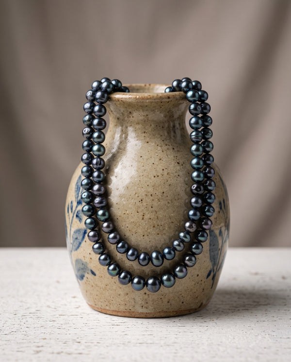 Double Strand Peacock Blue Pearl Mala Necklace