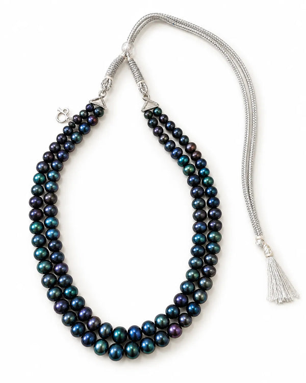 Double Strand Peacock Blue Pearl Mala Necklace