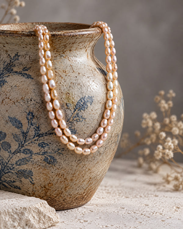Double Strand Peach Freshwater Pearl Mala Necklace
