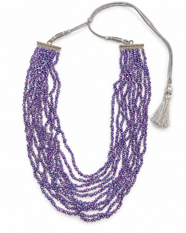 Multi-Strand Purple Pearl Statement Mala Necklace