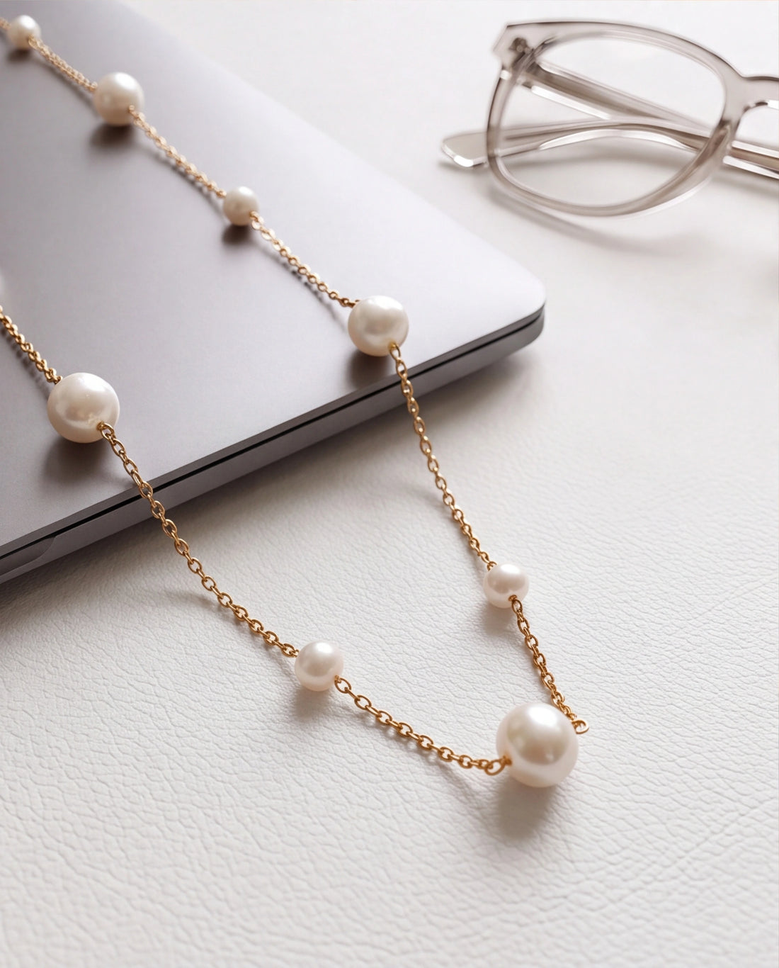 Luminous White Freshwater Pearl Station Chain Necklace