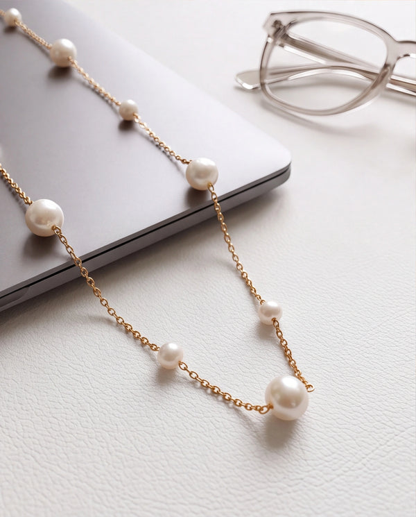 Luminous White Freshwater Pearl Station Chain Necklace