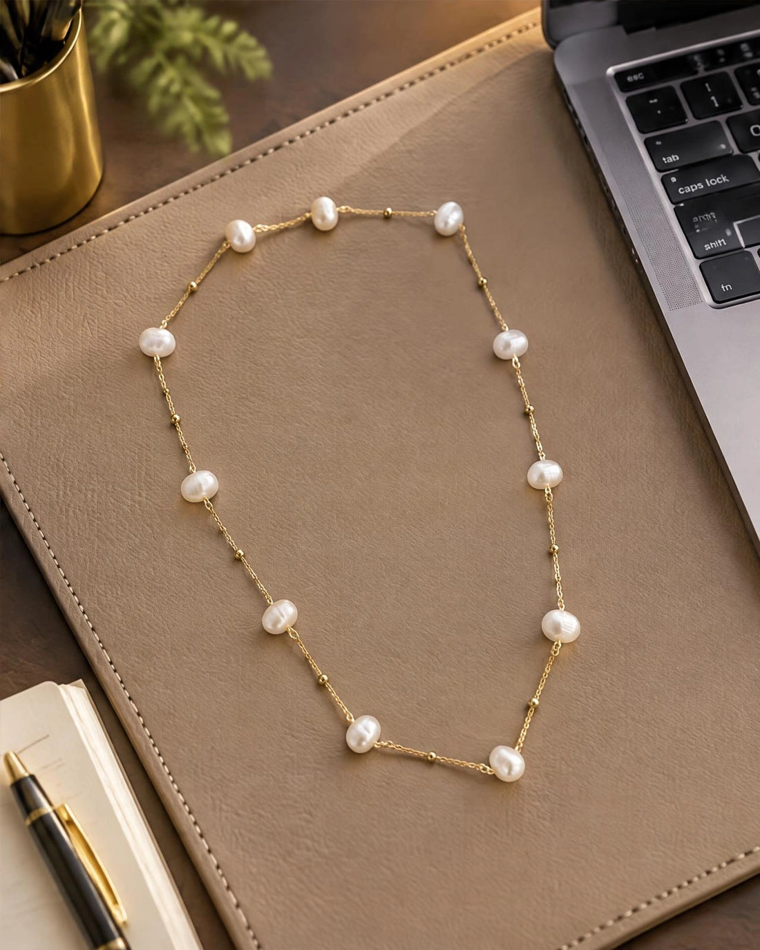 Freshwater Pearl & Golden Bead Station Chain Necklace