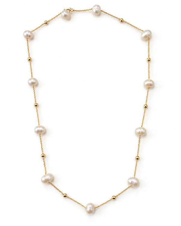 Freshwater Pearl & Golden Bead Station Chain Necklace