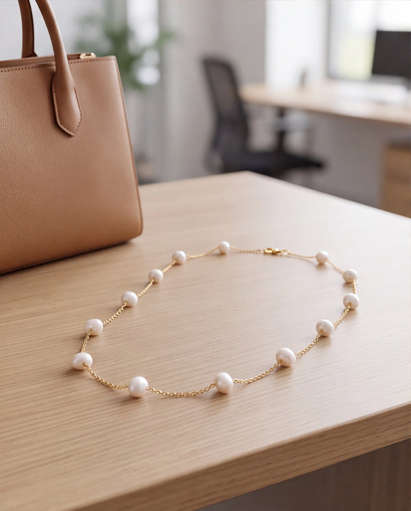 Floating Pearl Station Link Chain Necklace