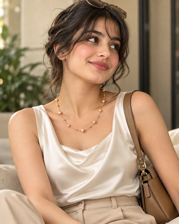 Peach Freshwater Pearl & Golden Bead Station Necklace