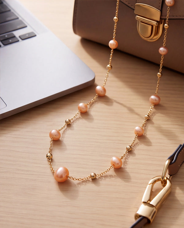 Peach Freshwater Pearl & Golden Bead Station Necklace