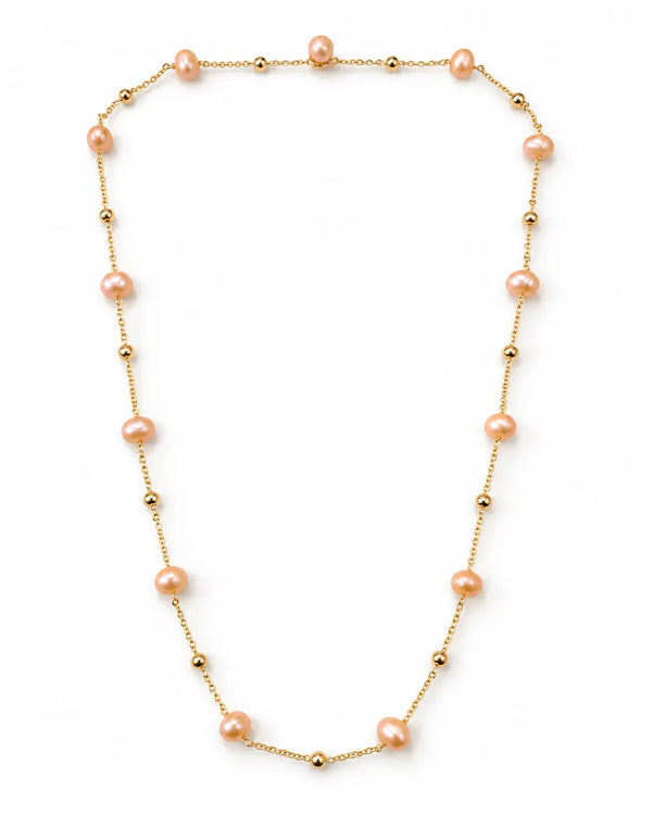 Peach Freshwater Pearl & Golden Bead Station Necklace