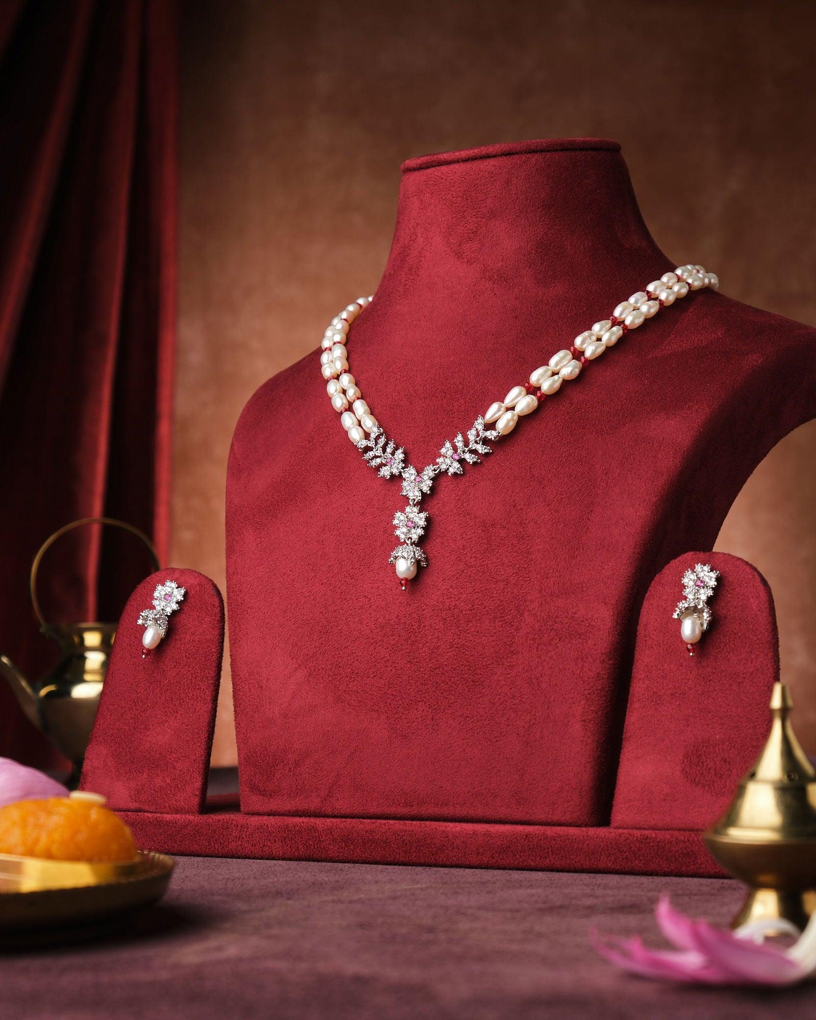 Magnificent Floral CZ Pendant Pearl Necklace Set - Chandrani Pearls
