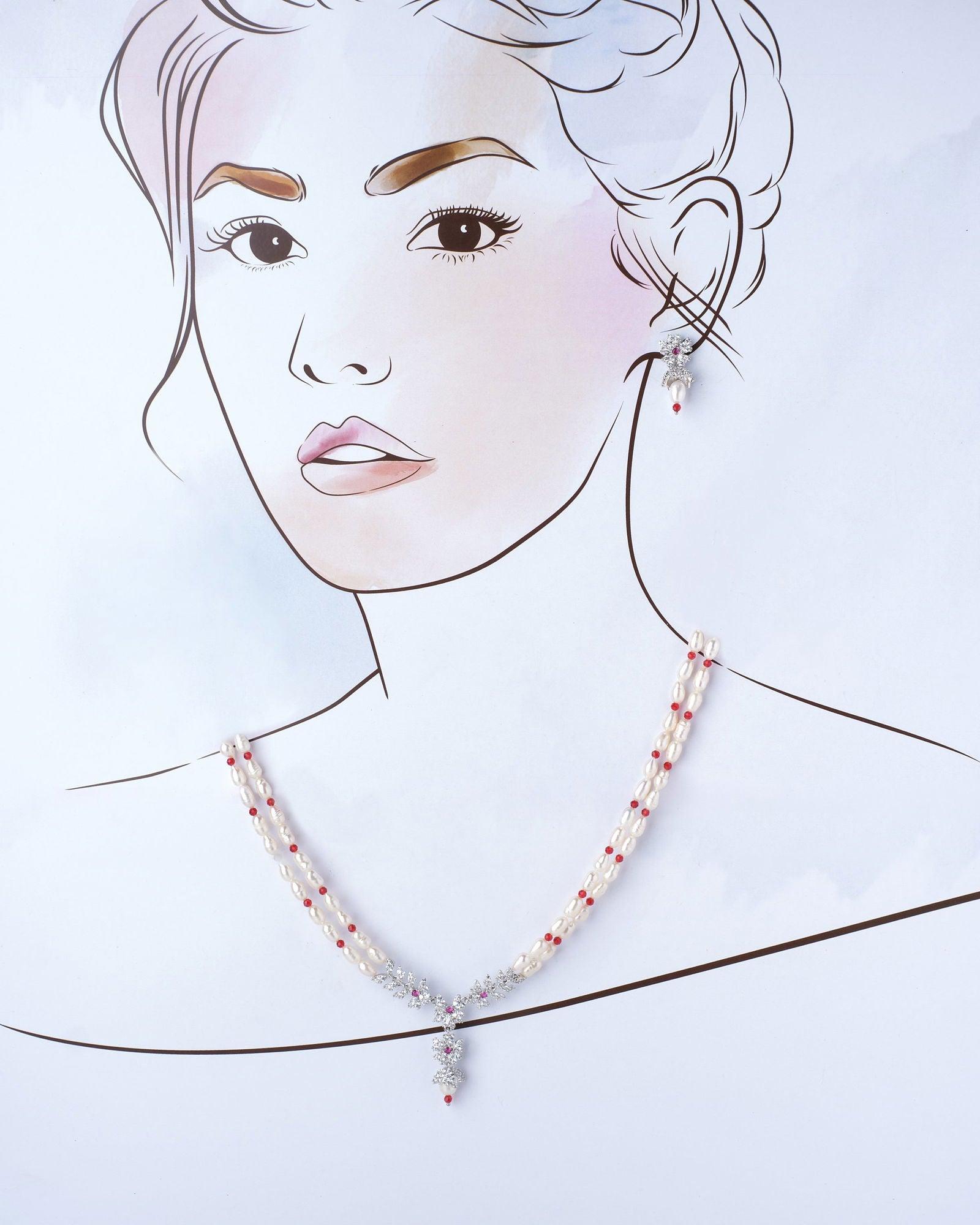Magnificent Floral CZ Pendant Pearl Necklace Set - Chandrani Pearls