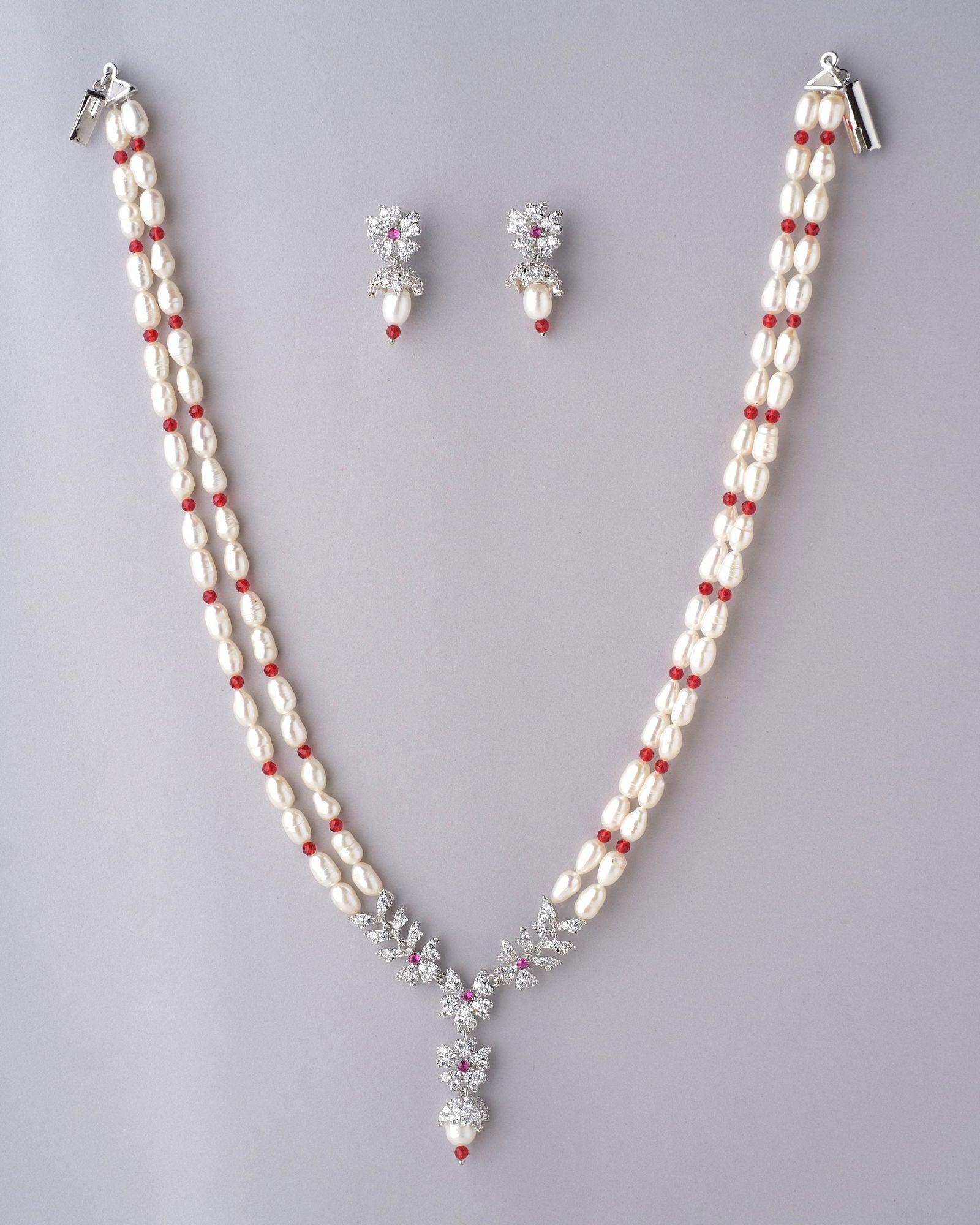 Magnificent Floral CZ Pendant Pearl Necklace Set - Chandrani Pearls