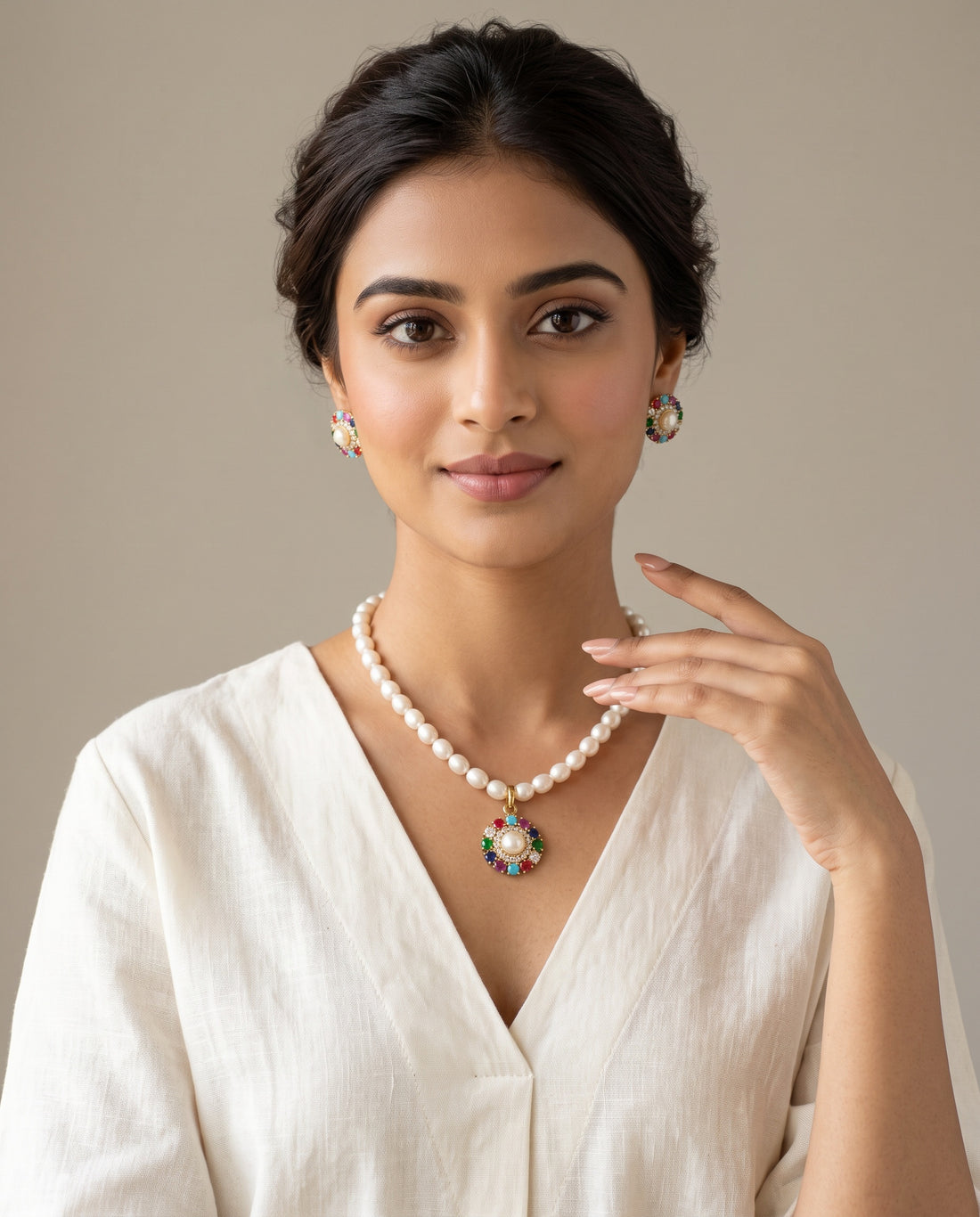 Multicolour Gemstone & Pearl Navratan Jewellery Set