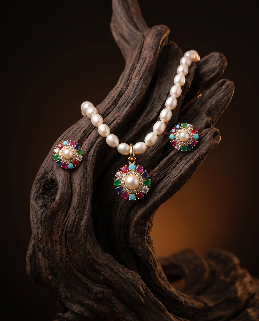 Multicolour Gemstone & Pearl Navratan Jewellery Set