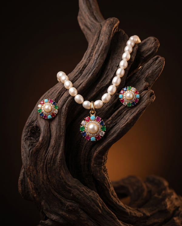 Multicolour Gemstone & Pearl Navratan Jewellery Set