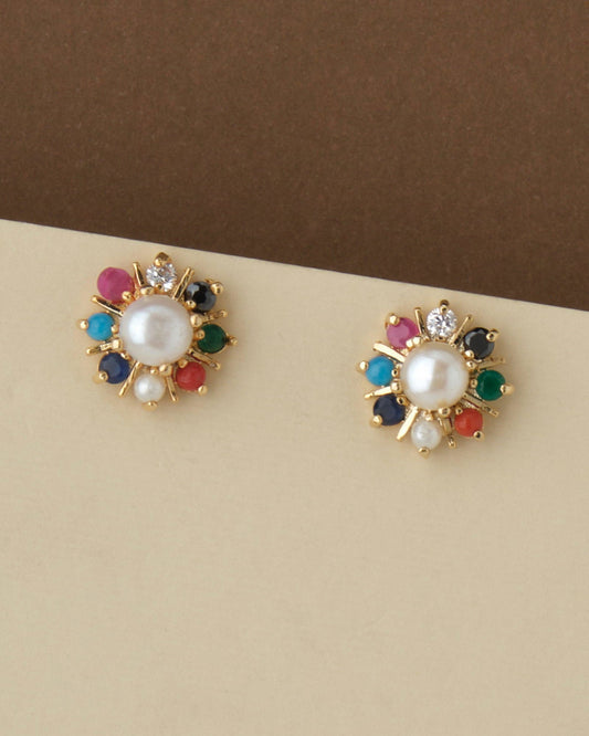 Navratan Stud Pearl Earring - Chandrani Pearls