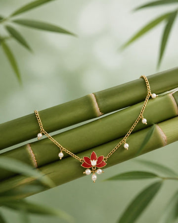 Elegant Lotus Meenakari Gold-Toned Anklet with Pearl Charms