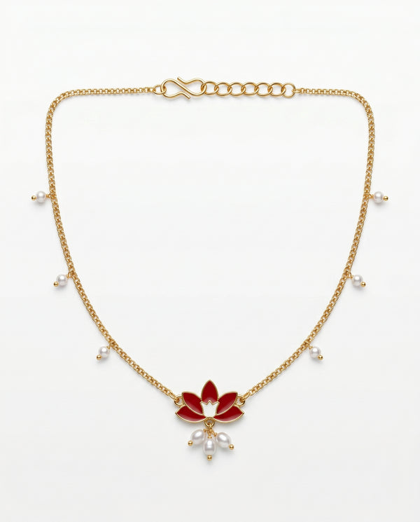 Elegant Lotus Meenakari Gold-Toned Anklet with Pearl Charms