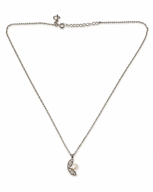 Silver-Tone Leaf Motif Pearl CZ Chain Pendant