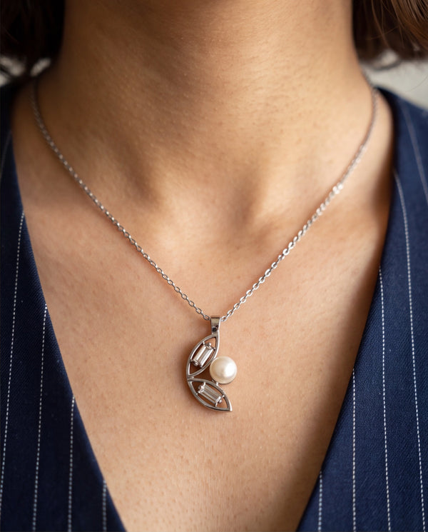 Silver-Tone Leaf Motif Pearl CZ Chain Pendant