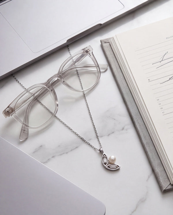Silver-Tone Leaf Motif Pearl CZ Chain Pendant