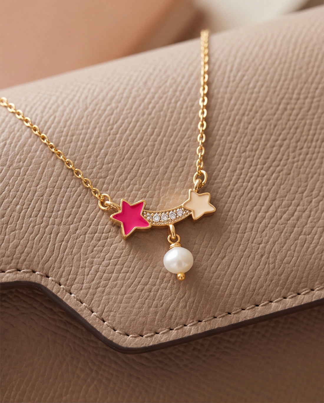 Shooting Star & Pink Enamel Pearl Drop Chain Pendant