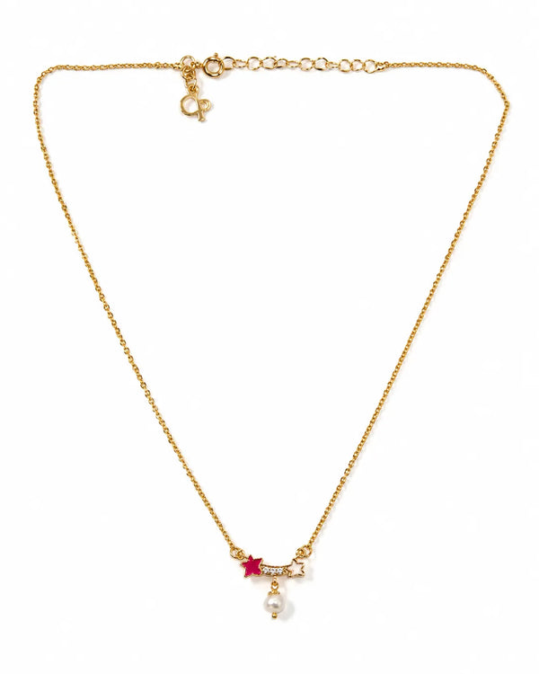 Shooting Star & Pink Enamel Pearl Drop Chain Pendant