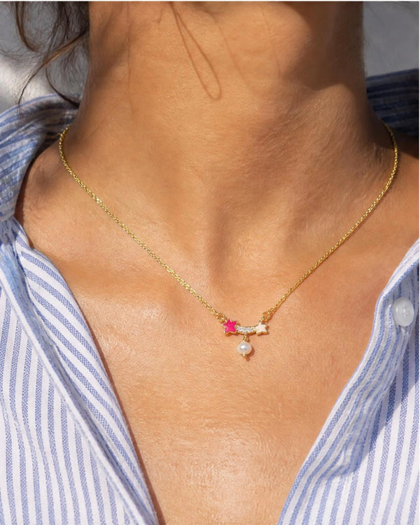Shooting Star & Pink Enamel Pearl Drop Chain Pendant