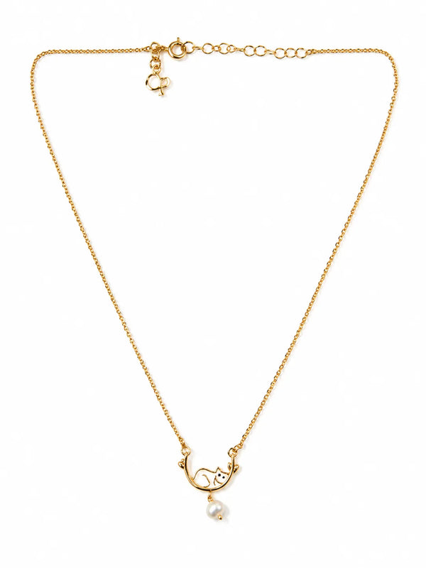 Sleeping Cat on Moon Pearl Drop Chain Pendant