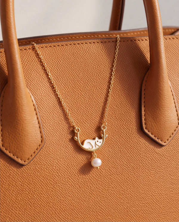 Sleeping Cat on Moon Pearl Drop Chain Pendant