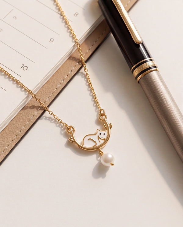 Sleeping Cat on Moon Pearl Drop Chain Pendant