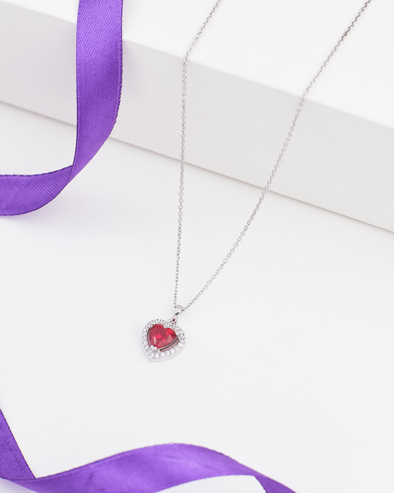 Heart Shaped Demifine Silver Pendant with Red CZ Sparkle