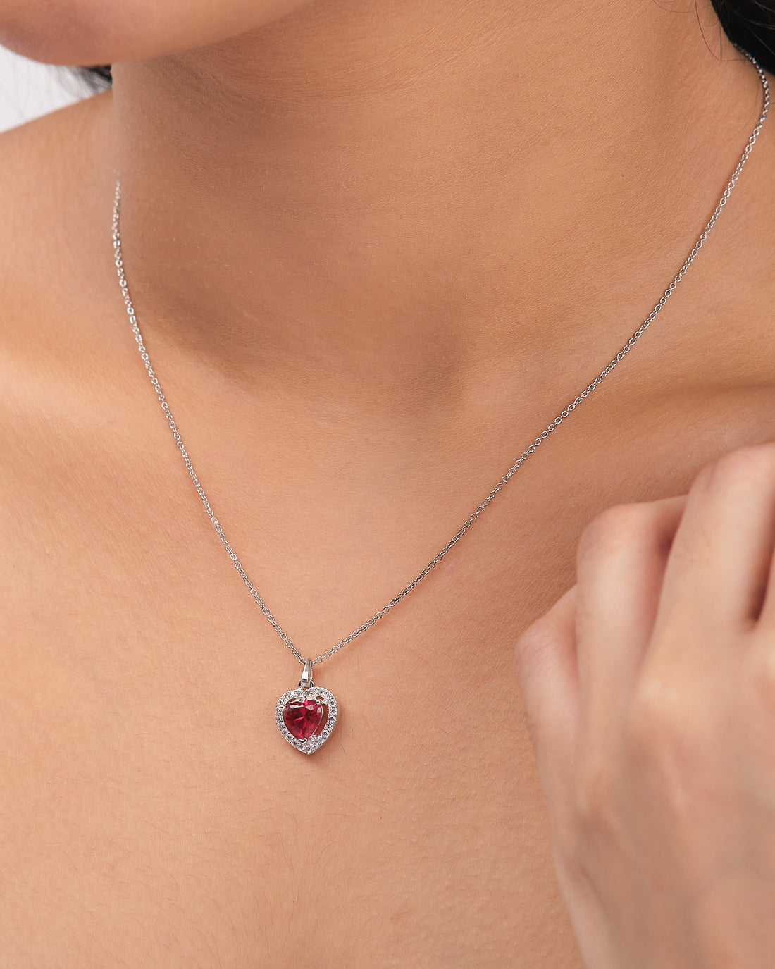 Heart Shaped Demifine Silver Pendant with Red CZ Sparkle