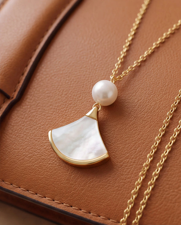 Gold-Toned Fan Pendant Pearl Necklace with Mother-of-Pearl Accent