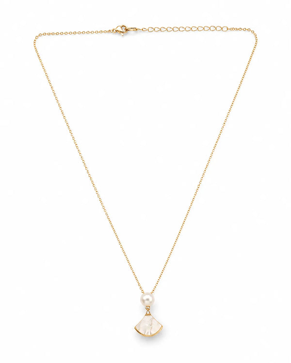 Gold-Toned Fan Pendant Pearl Necklace with Mother-of-Pearl Accent