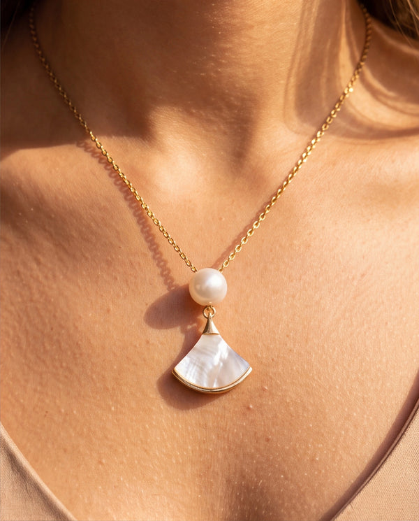 Gold-Toned Fan Pendant Pearl Necklace with Mother-of-Pearl Accent