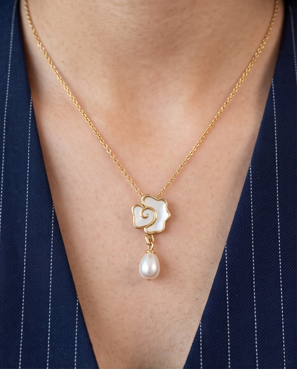 Gold-Toned Floral Mother-of-Pearl Pendant Necklace with Pearl Drop