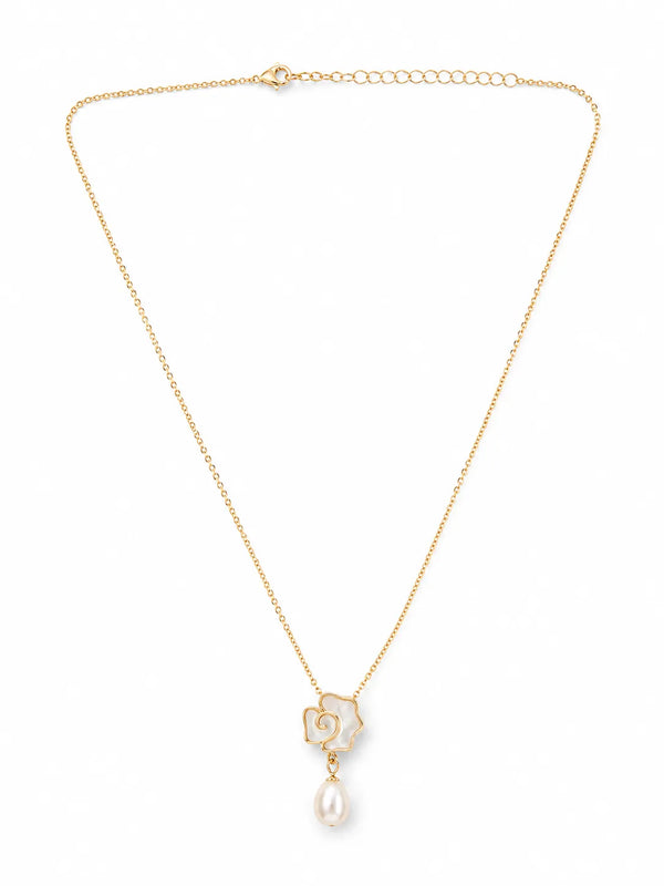 Gold-Toned Floral Mother-of-Pearl Pendant Necklace with Pearl Drop