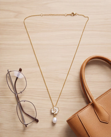 Gold-Toned Floral Mother-of-Pearl Pendant Necklace with Pearl Drop