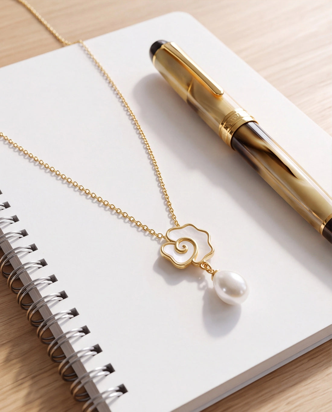 Gold-Toned Floral Mother-of-Pearl Pendant Necklace with Pearl Drop