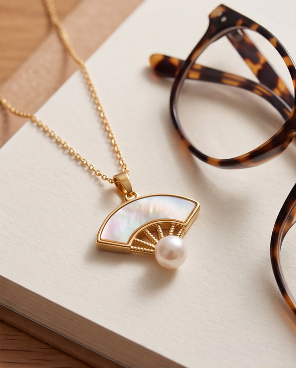 Gold-Toned Art Deco Fan Pendant Necklace with Pearl Drop