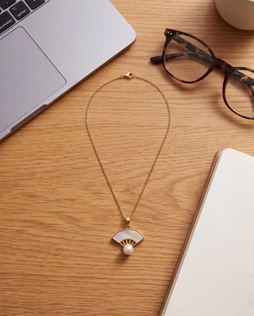 Gold-Toned Art Deco Fan Pendant Necklace with Pearl Drop