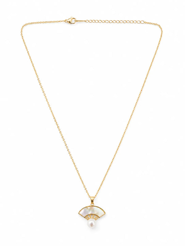 Gold-Toned Art Deco Fan Pendant Necklace with Pearl Drop