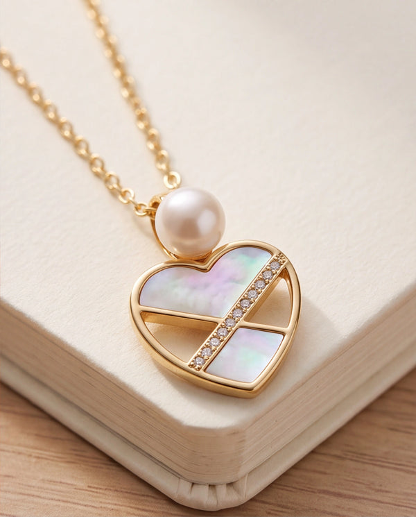 Mother-of-Pearl Gold-Toned Heart CZ Pendant Pearl Necklace